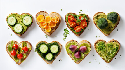 Delicious bread toasts in the shape of a heart, with vegetables, tomatoes, cucumbers, peppers and various herbs, on a white background