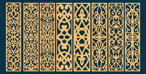 Set of laser cut templates with geometric pattern. For metal cutting, wood carving, panel decor, paper art, stencil or die for fretwork, card background design. Vctor illustration - obrazy, fototapety, plakaty