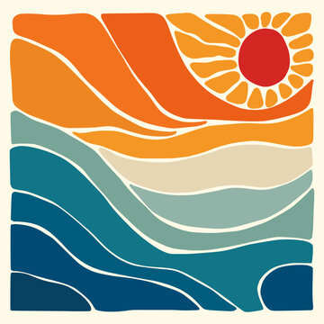 Hand draw sunset on sea lanscape panorama. Organic doodle shapes matisse style, naive art, contemporary backgrounds. beach and mountains vector illustration