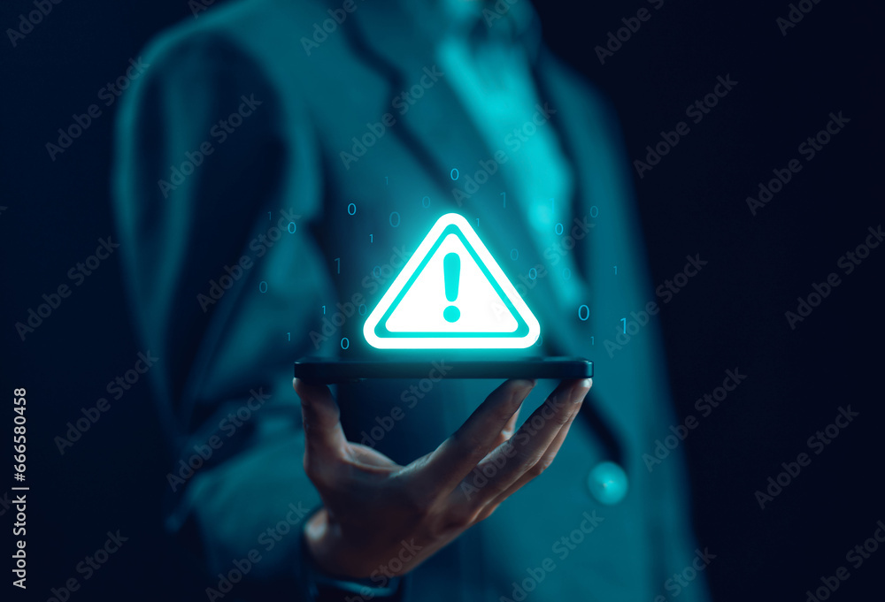 Poster phone shows a warning sign of system failure and notification spam