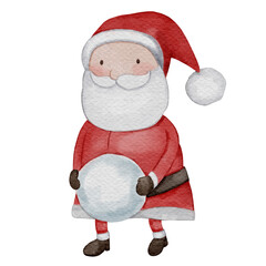 Santa claus play snowball . Christmas theme . Watercolor paint cartoon character . PNG .
