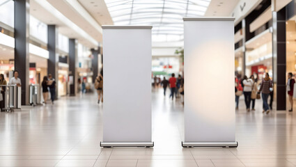 blank roll up banner mockup stand on public place - obrazy, fototapety, plakaty