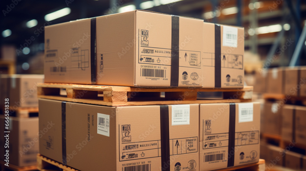 Poster a close-up of a stack of boxes on a pallet, with barcodes and qr codes for efficient tracking and ma