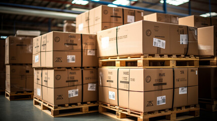 A close-up of a stack of boxes on a pallet, with barcodes and QR codes for efficient tracking and management. 