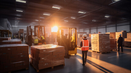 Workers in reflective vests loading boxes onto pallets under the glow of bright overhead lights in a well-organized warehouse.  - obrazy, fototapety, plakaty