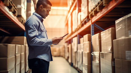 An inventory manager using a tablet to scan boxes on a pallet, ensuring real-time tracking of stock levels in a high-tech warehouse. 