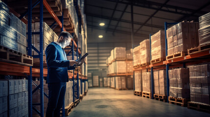 An inventory manager using a tablet to scan boxes on a pallet, ensuring real-time tracking of stock levels in a high-tech warehouse. 