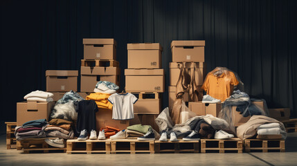 Cardboard boxes containing fashionable apparel neatly stacked on a pallet, reflecting the fashion industry's logistics. 