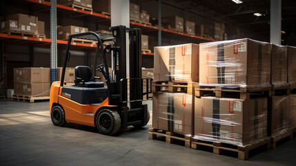 A forklift lifting a loaded pallet with heavy machinery boxes, showcasing the versatility of warehouse equipment.  - obrazy, fototapety, plakaty