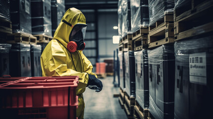 A worker in protective gear handling boxes of hazardous materials on a pallet in a specialized storage area within the warehouse. 