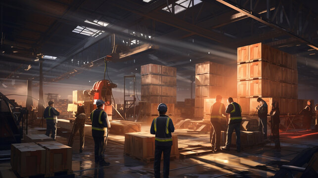 Workers in reflective vests loading boxes onto pallets under the glow of bright overhead lights in a well-organized warehouse. 