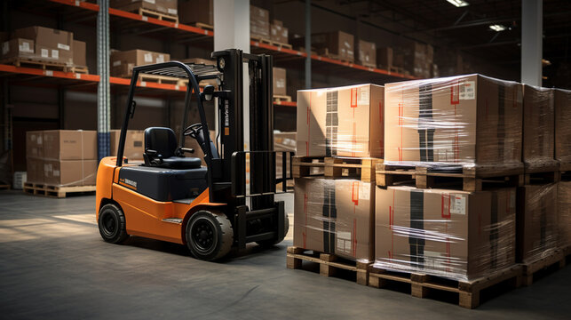 A forklift lifting a loaded pallet with heavy machinery boxes, showcasing the versatility of warehouse equipment. 