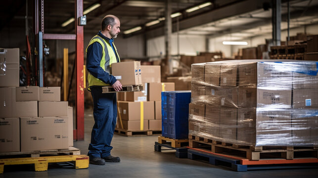 A warehouse supervisor overseeing the loading of boxes onto pallets, ensuring quality control and safety standards are met. 