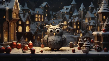 Fototapete Eulen-Cartoons Funny Christmas owl, adorned with festive ornaments and winter themed decorations. The owl is illustrated with a playful, holiday inspired design, featuring traditional snowed Christmas elements.