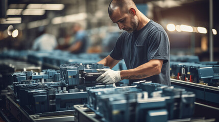 Close-up of a skilled employee stacking boxes of automotive parts onto a conveyor belt, showcasing precision in the manufacturing industry. 