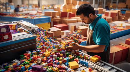 Conveyor belt perspective of a worker packing boxes with colorful toys, illustrating the vibrancy of the toy manufacturing process.  - obrazy, fototapety, plakaty