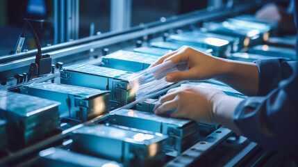 Close-up of hands placing packaged electronic devices into boxes on a conveyor belt, part of an advanced technology assembly line. 