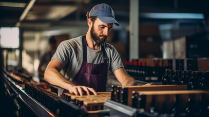 Worker in a winery carefully packaging bottles into boxes on a conveyor belt, highlighting the meticulous process of wine production. 
