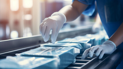 Hands of a worker placing packaged medical equipment into boxes on a conveyor belt, part of the healthcare supply chain.  - obrazy, fototapety, plakaty