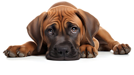 Brown dog lying down. Big sad eyes. Soft fur. Large paws. Wrinkled forehead. Close-up. Looks tired or sad