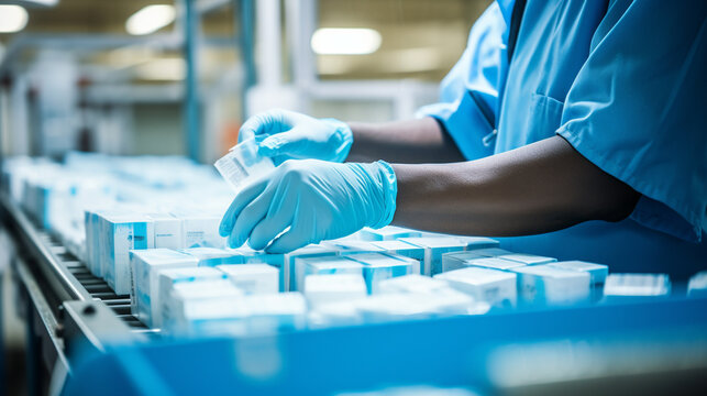 Hands of a worker placing packaged medical equipment into boxes on a conveyor belt, part of the healthcare supply chain. 