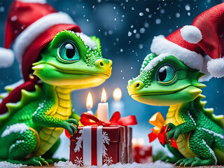 Cute New Year's Winter greeting card background with a little dragon in a Santa Claus hat with a gift, it's snowing and lights are twinkling. Asian calendar. Symbol.