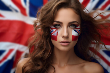 Portrait of beauty woman with face painted in the colors of the United British flag. Concept of patriotism and nationalism. Independence Day. Voting on Election. - obrazy, fototapety, plakaty