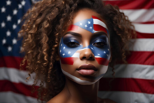 Portrait of african american woman with face painted in the colors of the United States flag. Concept of patriotism and nationalism. Independence Day. Voting on Election.