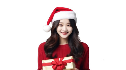 Cheerful asian woman with Christmas hat. Transparent background or PNG file. Generated by AI