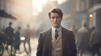 Gordijnen Portrait of a 19th century young British gentleman standing on the britain city street © Keitma