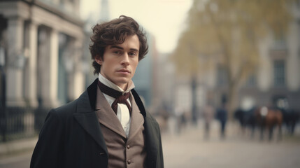 Portrait of a 19th century young British gentleman standing on the britain city street - obrazy, fototapety, plakaty