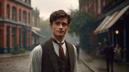Portrait of a 19th century young British gentleman standing on the britain city street