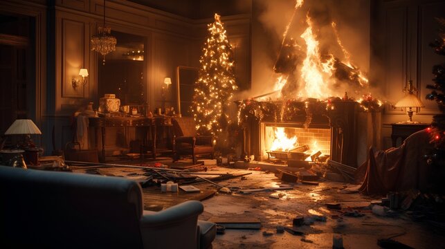 Dramatic image with burning Christmas tree in living room with flames. House with burning decorations disaster. Importance of fire safety during the holiday season when using candles in dry fir.