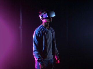 Man interacting with virtual reality using vr headset