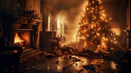 Dramatic image with burning Christmas tree in living room with flames. House with burning decorations disaster. Importance of fire safety during the holiday season when using candles in dry fir.
