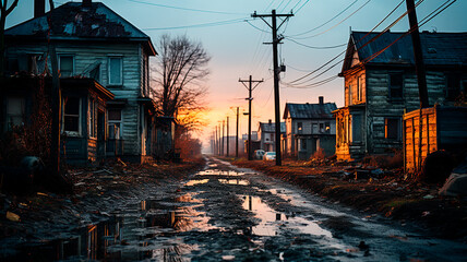 Fototapeta premium A puddle in the street reflecting the surrounding landscape, such as buildings, trees or lampposts.