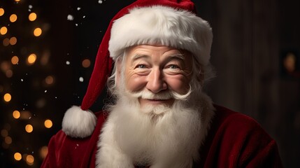 Portrait of a charming senior man, donning a festive Santa Claus hat. His white and gray beard adds to his jovial and authentic Santalike appearance, making the image perfect for Christmas holiday.