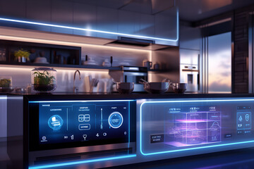 Kitchen with smart appliances with display screen and a smart oven with voice - controlled settings, concept of Smart Home and Artificial Intelligence. Light view, copyspace area