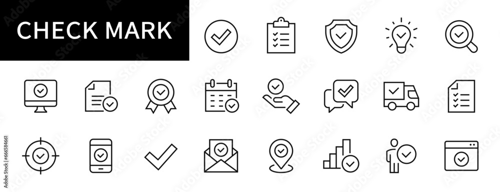 Poster check mark thin line icons. checkmark symbol. approved, confirm, correct icon. vector