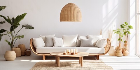 AI Generated. AI Generative. Light beige white minimal modern boho bohemian style room livingroom with sofa and chair inside.  Graphic Art