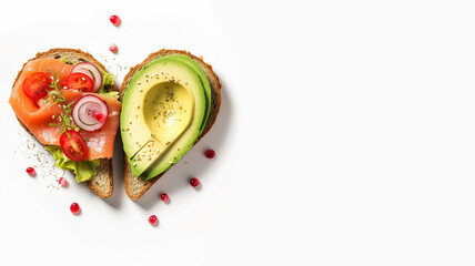 Delicious bread toasts in the shape of a heart, with fresh avocado and red salted fish, on a white background - Powered by Adobe