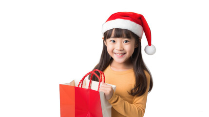 Cheerful asian woman with Christmas hat. Transparent background or PNG file. Generated by AI