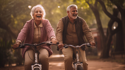 Joyful Indian Senior Couple Enjoying a Park Stroll with Bicycles