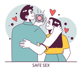 World AiDs day. Couple, man and woman using a condom. HIV,