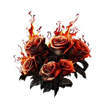 Red rose flowers bouquet burning with fire flames isolated on transparent background. Generative AI