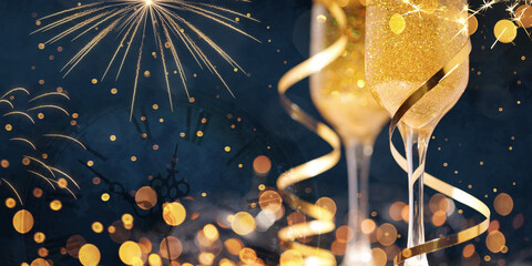 Two New Year's glasses of champagne with highlights on a colored background - obrazy, fototapety, plakaty