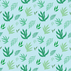 Green background with plant pattern, flat vector, leaves similar to seaweed, hand drawn