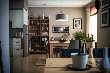 Fototapeta na wymiar Elegance in Simplicity: A Contemporary Kitchen with a Cozy Dining Space, ai generative