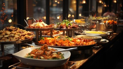 Obraz premium Lots of fresh, mouth-watering, beautifully presented dishes for a formal banquet.