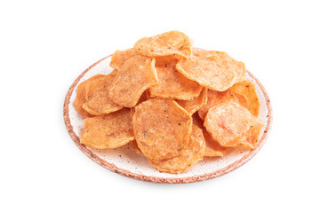 Slices of dehydrated salted meat chips isolated on  white, side view